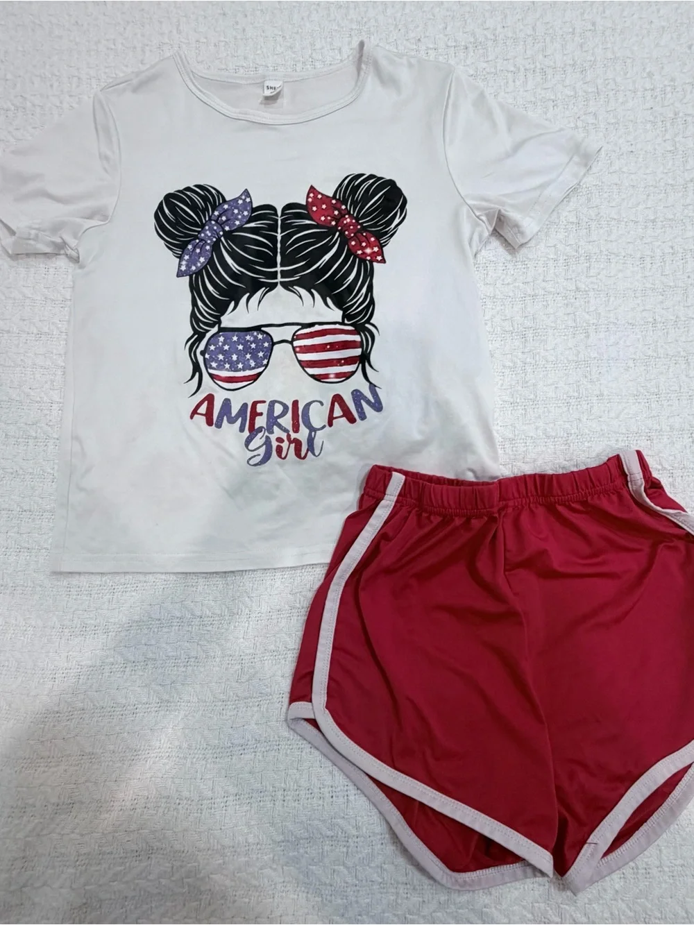 SHEIN White 'American Girl' Graphic Tee and Red Shorts Set